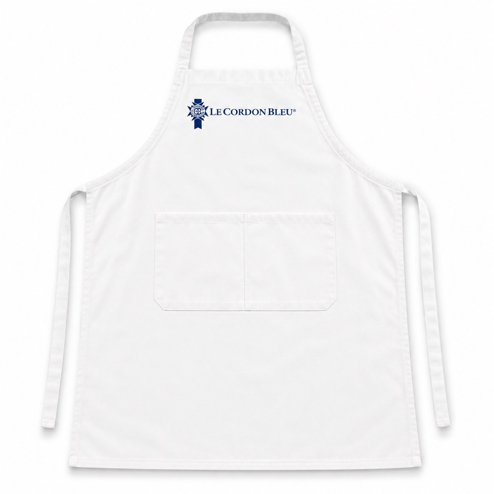 Le Cordon Bleu Paris White Cotton Twill Bib Apron Embroidered Logo Front Pocket